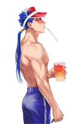 Rule 34 | 1boy, alternate costume, beads, blue hair, blue male swimwear, blue swim trunks, cu chulainn (fate), cu chulainn (fate/stay night), cup, drinking straw, earrings, fate/stay night, fate (series), from side, hair beads, hair ornament, highres, holding, holding cup, jewelry, k29, long hair, male focus, male swimwear, muscular, ponytail, red eyes, simple background, solo, spiked hair, swim trunks, swimsuit, topless male, visor cap