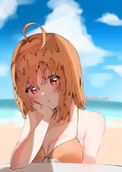 Rule 34 | 1girl, artist name, artist request, bare shoulders, beach, bikini, blue sky, blush, braid, breasts, close-up, cloud, collarbone, day, elbow on table, female focus, front-tie bikini top, front-tie top, hand on own cheek, hand on own face, highres, looking at viewer, love live!, love live! sunshine!!, medium breasts, ocean, orange bikini, orange hair, outdoors, parted lips, red eyes, short hair, side braid, sky, smile, solo, swimsuit, table, takami chika, upper body