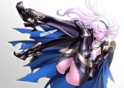 Rule 34 | 1girl, armor, ass, black armor, black hairband, blue cape, cape, closed mouth, corrin (female) (fire emblem), corrin (female) (nohr noble) (fire emblem), corrin (fire emblem), fire emblem, fire emblem fates, full body, hairband, high heels, long hair, nintendo, pointy ears, red eyes, simple background, smile, solo, thighs, tombsakura, torn cape, torn clothes, twitter username, white background, white hair