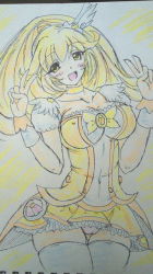 Rule 34 | 1girl, blonde hair, blush, breasts, cameltoe, covered erect nipples, cure peace, curvy, dress, large breasts, long hair, looking at viewer, microdress, microskirt, aged up, open mouth, panties, pantyshot, precure, skirt, smile, smile precure!, solo, thighhighs, traditional media, underwear, v, wide hips, yellow eyes