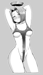 Rule 34 | 10s, 1girl, absurdres, armpits, arms behind head, blush, breasts, greyscale, halo, highres, kantai collection, mechanical halo, medium breasts, monochrome, one-piece swimsuit, shiri ana hiroge tarou, short hair, solo, swimsuit, tatsuta (kancolle), underboob