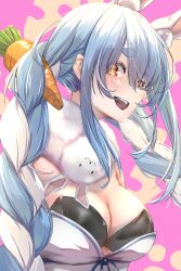 Rule 34 | 1girl, absurdres, alternate breast size, animal ear fluff, animal ears, black leotard, blue hair, blue ribbon, braid, breasts, carrot, carrot hair ornament, cleavage, coat, don-chan (usada pekora), food-themed hair ornament, hair ornament, highres, hololive, large breasts, leotard, multicolored hair, oa (or 12o), open mouth, playboy bunny, rabbit ears, rabbit girl, ribbon, scarf, smile, solo, symbol-shaped pupils, teeth, thick eyebrows, twin braids, upper teeth only, usada pekora, virtual youtuber, white coat, white hair, white scarf, yellow eyes