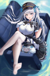Rule 34 | 1girl, absurdres, black dress, black hat, black ribbon, blue eyes, breasts, collared shirt, commentary request, crossed legs, dress, gloves, green eyes, grey hair, hands up, hat, heterochromia, highres, kagura gumi, kagura mea, large breasts, lens flare, long hair, looking at viewer, lying, matching outfits, neck ribbon, no shoes, on back, open mouth, pantyhose, peaked cap, puffy short sleeves, puffy sleeves, ribbon, sheep, shirt, short sleeves, smile, solo, twintails, virtual youtuber, white gloves, white pantyhose, white shirt, zino zinuo
