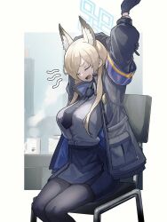 Rule 34 | 1girl, animal ear fluff, animal ears, armband, arms up, black gloves, black pantyhose, black skirt, blonde hair, blue archive, breasts, chair, closed eyes, collared shirt, cup, gloves, grey shirt, halo, highres, jacket, kanna (blue archive), large breasts, long hair, long sleeves, mug, necktie, open clothes, open jacket, open mouth, pantyhose, pencil skirt, sanshouuo, sharp teeth, shirt, sitting, skirt, solo, steam, stretching, teeth