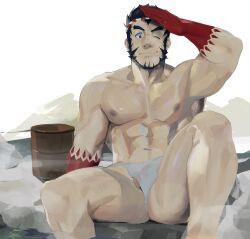 Rule 34 | 1boy, abs, absurdres, bara, beard, black hair, bulge, colored skin, erection, erection under clothes, facial hair, feet out of frame, fundoshi, hachimaki, headband, highres, knee up, large pectorals, long sideburns, male focus, mature male, muscular, muscular male, navel, nejiri hachimaki, nipples, one eye closed, onsen, onyu (onyu 25), pectorals, red skin, salute, see-through, short hair, sideburns, smile, solo, spread legs, steam, stomach, tajikarao (housamo), testicle peek, thick eyebrows, thighs, tokyo houkago summoners, topless male, wet clothes, wet fundoshi