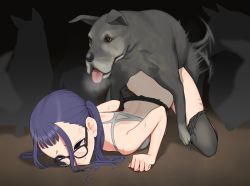 Rule 34 | 1girl, all fours, bestiality, black-framed eyewear, black eyes, closed mouth, commentary request, dog, doggystyle, gishu, glasses, grey thighhighs, highres, medium hair, oogaki chiaki, purple hair, sex, sex from behind, sweat, thighhighs, torn clothes, twintails, yurucamp