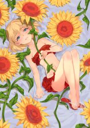 Rule 34 | 10s, 1girl, bikini, blonde hair, blue eyes, commentary, feet, flip-flops, flower, from above, full body, geregere (lantern), girls und panzer, half-closed eyes, highres, holding, holding flower, katyusha (girls und panzer), legs up, looking at viewer, lying, navel, on back, parted lips, red bikini, red footwear, sandals, shoes, short hair, single shoe, solo, sunflower, swimsuit, toes