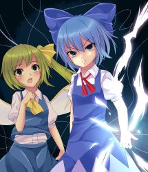 Rule 34 | 2girls, arai togami, arai tsugabi, ascot, blue eyes, blue hair, bow, cirno, daiyousei, dress, electricity, electrokinesis, fairy wings, glowing, gradient background, green eyes, green hair, hair bow, hair ribbon, hand on own chest, head tilt, highres, light trail, looking at another, looking at viewer, multiple girls, neck ribbon, no wings, open mouth, parted lips, puffy short sleeves, puffy sleeves, red ribbon, ribbon, short hair, short sleeves, side ponytail, skirt, skirt set, tears, touhou, tsurime, wings