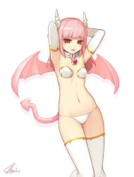 Rule 34 | 1girl, arms behind head, blunt bangs, breasts, collar, demon girl, demon tail, demon wings, elbow gloves, gloves, heart, horns, lock, long hair, mr. yvk, original, pink hair, pink tail, pink wings, red eyes, small breasts, solo, tail, thighhighs, white gloves, white thighhighs, wings