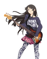 Rule 34 | 1girl, akiyama mio, bass guitar, black hair, fender jazz bass, guitar, instrument, k-on!, left-handed, long hair, long sleeves, looking at viewer, mahenbu, music, pantyhose, parted lips, playing instrument, purple eyes, sidelocks, simple background, sleeves past wrists, solo, sweater, white background, wind