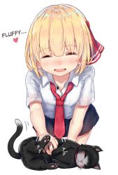 Rule 34 | 1girl, ^ ^, black skirt, blonde hair, blush, cat, closed eyes, closed eyes, fangs, hair ribbon, hard-translated, heart, necktie, open mouth, red necktie, red ribbon, ribbon, rumia, short hair, short sleeves, simple background, skirt, solo, third-party edit, touhou, translated, white background, wowoguni