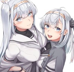 Rule 34 | 2girls, ahoge, asymmetrical docking, blue eyes, blush, breast press, breasts, closed mouth, clothes writing, fuyutsuki (kancolle), grey hair, grey jacket, hair ornament, hairband, height difference, highres, jacket, jacket on shoulders, kantai collection, kiritto, long hair, looking at viewer, medium breasts, multiple girls, one side up, open mouth, school uniform, serafuku, simple background, suzutsuki (kancolle), very long hair, white background, white hair, white hairband