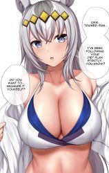 Rule 34 | 1girl, :o, animal ears, bare shoulders, bikini, black hair, blue eyes, blush, breasts, cleavage, collarbone, comic, commentary, english commentary, english text, grey hair, highres, horse ears, large breasts, long hair, looking at viewer, multicolored hair, off shoulder, oguri cap (umamusume), open clothes, open mouth, open shirt, sheita, shirt, simple background, solo, speech bubble, swimsuit, umamusume, upper body, white background, white bikini, white hair, white shirt