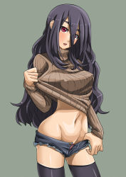 Rule 34 | 1girl, bad id, bad pixiv id, black hair, blush, breasts, covered erect nipples, cutoffs, female focus, lace, lace-trimmed panties, lace trim, large breasts, long hair, looking at viewer, lowleg, midriff, navel, open fly, open mouth, original, panties, purple panties, red eyes, ribbed sweater, shiny skin, short shorts, shorts, skindentation, solo, stomach, sweater, takao (yuuki maya), thighhighs, underwear, unzipped, yuuki maya