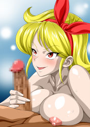 Rule 34 | 1girl, blonde hair, blush, breast press, breasts, censored, curly hair, dragon ball, erection, gradient background, hair ribbon, highres, large breasts, long hair, looking at another, lunch (dragon ball), lying, mosaic censoring, nel-zel formula, nipples, nude, parted lips, penis, red eyes, ribbon, simple background, smile, solo focus