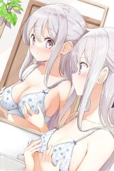 Rule 34 | 1girl, absurdres, bare shoulders, bathroom, blush, bra, breasts, cleavage, collarbone, commentary, different reflection, dutch angle, eyelashes, floral print, grabbing own breast, grey hair, hair over shoulder, half updo, hamaken. (novelize), highres, indoors, large breasts, long hair, looking at mirror, mirror, original, paid reward available, parted lips, print bra, profile, purple eyes, reflection, sidelocks, small breasts, solo, straight hair, underwear, underwear only, upper body