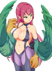 Rule 34 | 1girl, bare shoulders, blue skin, breasts, chamame, claws, cleavage, colored skin, commentary request, duel monster, feathered wings, feathers, garter straps, green eyes, green feathers, green wings, harpie lady, harpy, highres, large breasts, long hair, looking away, midriff, monster girl, navel, pink hair, pointy ears, solo, very long hair, winged arms, wings, yu-gi-oh!