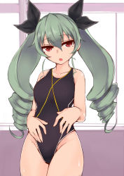 Rule 34 | 10s, 1girl, :&gt;, akitsuchi shien, anchovy (girls und panzer), bad id, bad pixiv id, bare arms, bare shoulders, black ribbon, blue one-piece swimsuit, collarbone, competition swimsuit, cowboy shot, drill hair, eyebrows, girls und panzer, groin, hair between eyes, hair ribbon, hands on own hips, head tilt, highres, indoors, legs together, long hair, looking at viewer, one-piece swimsuit, open mouth, red eyes, ribbon, silver hair, skin tight, solo, standing, sweat, sweatdrop, swimsuit, tsurime, twin drills, twintails, very long hair, window