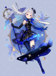 Rule 34 | 1girl, arowana, ascot, asymmetrical legwear, bare shoulders, black gloves, black jacket, blue ascot, blue background, blue eyes, blue footwear, blue pantyhose, blue skirt, blue thighhighs, blunt bangs, bow, colored eyelashes, commentary, earrings, elbow gloves, fish, frilled skirt, frills, full body, gloves, hair ornament, hat, highres, holding, holding staff, jacket, jewelry, leg up, long hair, looking at viewer, mini hat, original, pantyhose, ribbon, silver hair, simple background, single thighhigh, skirt, sleeveless, solo, staff, standing, standing on one leg, star (symbol), star earrings, star hair ornament, striped, striped bow, thighhighs, tobi (kotetsu), turtleneck, uneven legwear, wrist ribbon
