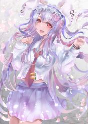 Rule 34 | 1girl, :d, absurdres, animal ears, carrot pin, ear piercing, food, guchadoro, hair ornament, hairclip, highres, long hair, long sleeves, looking at viewer, midriff, necktie, open mouth, petals, piercing, pleated skirt, purple hair, rabbit ears, red eyes, red necktie, reisen udongein inaba, shirt, simple background, skirt, smile, solo, touhou, very long hair, white shirt