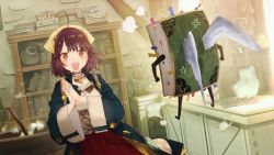 Rule 34 | 1girl, atelier (series), atelier sophie, blush, book, brown eyes, brown hair, corset, game cg, hand on own hip, hat, jewelry, necklace, noco (adamas), official art, open mouth, own hands together, short hair, smile, solo, sophie neuenmuller, wings