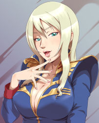 Rule 34 | 1girl, blonde hair, breasts, cleavage, covered erect nipples, face, green eyes, gundam, gundam card builder, isabella rouge, large breasts, lips, lipstick, long hair, makeup, military, military uniform, nail polish, naughty face, solo, toshi punk, uniform