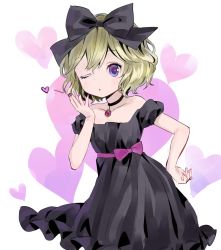 Rule 34 | 10s, 1girl, ama-tou, belt, blonde hair, blowing kiss, bow, collarbone, dress, elly (tonari no kyuuketsuki-san), erie, eyelashes, eyeliner, frilled dress, frills, hair bow, hand on own hip, heart, heart background, jewelry, looking at viewer, makeup, nail polish, necklace, one eye closed, pink lips, puffy short sleeves, puffy sleeves, purple eyes, short sleeves, solo, tonari no kyuuketsuki-san, wavy hair