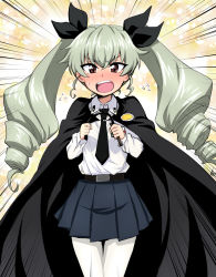 Rule 34 | 10s, 1girl, anchovy (girls und panzer), angry, anzio school uniform, belt, black belt, black cape, black necktie, black ribbon, black skirt, blush, cape, commentary request, dress shirt, drill hair, emblem, emphasis lines, flying sweatdrops, frown, full-face blush, girls und panzer, green hair, hair ribbon, highres, holding, holding riding crop, long hair, long sleeves, looking at viewer, miniskirt, nakahira guy, necktie, open mouth, pantyhose, pleated skirt, red eyes, ribbon, riding crop, school uniform, shirt, skirt, solo, standing, twin drills, twintails, v-shaped eyebrows, white pantyhose, white shirt, yellow background