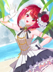 Rule 34 | 1girl, absurdres, arima kana, beach, cloud, cloudy sky, gloves, hat, hat ribbon, highres, idol, idol clothes, ocean, open mouth, oshi no ko, red eyes, red hair, ribbon, short hair, sky, smile, summer, user swtd5855, white gloves