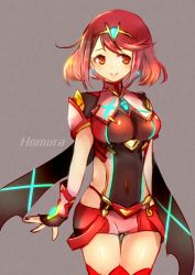 Rule 34 | 1girl, blush, breasts, character name, covered navel, cowboy shot, earrings, fingerless gloves, gloves, hair ornament, jewelry, large breasts, nintendo, pyra (xenoblade), red eyes, red hair, red shorts, red thighhighs, short hair, shorts, smile, solo, swept bangs, thigh gap, thighhighs, tiara, trutsmn, xenoblade chronicles (series), xenoblade chronicles 2