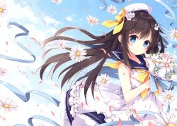 Rule 34 | 1girl, absurdres, bare shoulders, beret, blue eyes, blue sky, bouquet, bow, brown hair, closed mouth, cloud, cloudy sky, day, dress, flower, frills, hair ornament, hat, highres, huge filesize, long hair, looking at viewer, mochizuki shiina, original, outdoors, petals, rabbit hair ornament, sailor collar, scan, short dress, simple background, sky, sleeveless, sleeveless dress, smile, solo, yellow bow