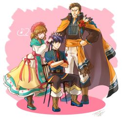 Rule 34 | 1girl, 2boys, belt, blue eyes, blue hair, boots, brother and sister, brown hair, cape, chair, closed eyes, closed mouth, crossed arms, dress, father and daughter, father and son, fire emblem, fire emblem: path of radiance, fire emblem heroes, flower, frown, green headband, greil, grin, hand on another&#039;s head, headband, ike (fire emblem), jandara rin, long sleeves, mist (fire emblem), multiple boys, musical note, nintendo, open mouth, pants, ribbon, short hair, short sleeves, siblings, signature, sitting, smile, speech bubble, spiked hair, spoken musical note, standing