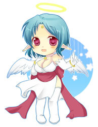 Rule 34 | 1girl, angel wings, bindi, blue hair, blush, boots, breasts, chibi, filia (star ocean), filia (star ocean 2), full body, gloves, large breasts, miyako (mongcocoa), mongcocoa, pointy ears, red eyes, short hair, smile, solo, star ocean, star ocean the second story, thigh boots, thighhighs, tri-ace, white gloves, white thighhighs, wings