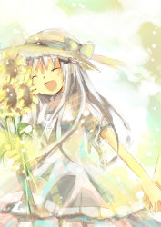 Rule 34 | bad id, bad pixiv id, dress, closed eyes, flower, holding hands, hat, little busters!, long hair, mikimura, noumi kudryavka, silver hair, solo focus, sunflower