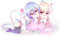 Rule 34 | 2girls, blonde hair, blue hair, blush, clothes lift, commission, grabbing, grabbing another&#039;s breast, groping, highres, long hair, maplestory, multiple girls, pantyhose, red eyes, thighhighs, tkfkd780, yuri