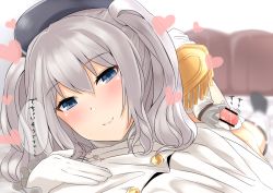 Rule 34 | 10s, 1boy, 1girl, admiral (kancolle), bad id, bad pixiv id, beret, blue eyes, blush, censored, closed mouth, epaulettes, foreshortening, frilled sleeves, frills, gachou, gloved handjob, gloves, handjob, hat, heart, hetero, kantai collection, kashima (kancolle), long sleeves, looking at viewer, military, military uniform, penis, sidelocks, silver hair, smile, solo focus, translation request, tsurime, twintails, uniform, wavy hair, white gloves