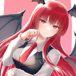 Rule 34 | 1girl, arm under breasts, bat wings, black vest, blush, breasts, closed mouth, commentary request, commission, cropped, dutch angle, hand up, head wings, highres, kageharu, koakuma, large breasts, light smile, long hair, long sleeves, looking at viewer, nail polish, necktie, pink background, red eyes, red hair, red nails, red necktie, shirt, sidelighting, simple background, skeb commission, solo, touhou, upper body, very long hair, vest, white shirt, wing collar, wings