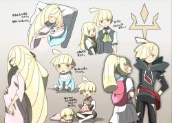 Rule 34 | 1boy, 2girls, aged down, alternate costume, alternate hairstyle, baby, backpack, bad id, bad twitter id, bag, blonde hair, blush, clefairy, cleffa, commentary request, creatures (company), game freak, gen 1 pokemon, gen 2 pokemon, gladion (pokemon), green eyes, highres, hood, hoodie, kuroi paseri, lillie (pokemon), long hair, lusamine (pokemon), mother and daughter, mother and son, multiple girls, nintendo, pokemon, pokemon (creature), pokemon sm, ponytail, pregnant, short hair, smile, stuffed toy, torn clothes, translation request, vest