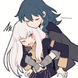 Rule 34 | 2girls, black cape, blue hair, blush, byleth (female) (fire emblem), byleth (fire emblem), cape, closed eyes, closed mouth, commentary, do m kaeru, fire emblem, fire emblem: three houses, garreg mach monastery uniform, hair between eyes, height difference, hug, hug from behind, long hair, long sleeves, lysithea von ordelia, multiple girls, nintendo, one eye closed, pink eyes, simple background, sweatdrop, symbol-only commentary, twitter username, white background, white hair