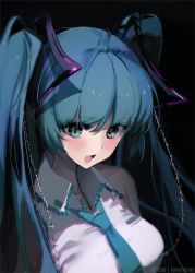 Rule 34 | 1girl, aqua eyes, aqua hair, aqua necktie, artist name, black background, blue necktie, blush, breasts, commentary, english commentary, hatsune miku, highres, kana yukino, looking at viewer, necktie, open mouth, patreon username, shirt, simple background, solo, twintails, upper body, vocaloid, white shirt
