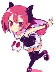 Rule 34 | 1girl, :&lt;, bat wings, bent over, black thighhighs, blush, demon girl, disgaea, highres, horns, kimoko, knees together feet apart, makai senki disgaea 3, outstretched arms, pleated skirt, pointy ears, raspberyl, red eyes, red hair, short hair, simple background, skirt, skull, solo, spread arms, standing, standing on one leg, tail, thighhighs, white background, wings, wrist cuffs