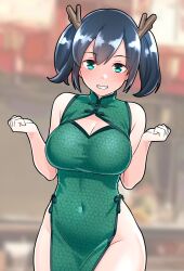 Rule 34 | 1girl, blue hair, breasts, china dress, chinese clothes, cleavage, cleavage cutout, clothing cutout, covered navel, dragon horns, dress, furaggu (frag 0416), green dress, green eyes, grin, groin, highres, horns, kantai collection, large breasts, looking at viewer, navel, short hair, sleeveless, sleeveless dress, smile, solo, souryuu (kancolle), twintails