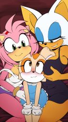 Rule 34 | 3girls, age difference, amy rose, artist request, blue eyes, brown eyes, cream the rabbit, furry, furry female, g reaper, gloves, green eyes, highres, lingerie, multiple girls, naughty face, onee-loli, pajamas, rouge the bat, sega, sleepover, smile, sonic (series), underwear, yuri