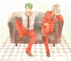 Rule 34 | 2boys, achilles (fate), ag ss41, couch, earrings, fate/apocrypha, fate (series), formal, green eyes, green hair, jewelry, karna (fate), multiple boys, necktie, suit, white hair
