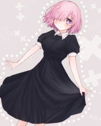 Rule 34 | 1girl, alternate costume, black dress, blush, closed mouth, dress, fate/grand order, fate (series), grey background, hair over one eye, harukappa, highres, looking at viewer, mash kyrielight, medium hair, pink hair, purple eyes, short dress, short sleeves, skirt hold, smile, solo, standing, straight hair, wing collar