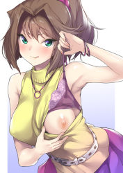 Rule 34 | 1girl, :p, armpits, bare shoulders, belt, blush, bra, bra lift, bracelet, breasts, brown hair, green eyes, hair ornament, hair scrunchie, half-closed eyes, jewelry, large breasts, looking at viewer, mazaki anzu, nipples, nukkoru, one breast out, purple bra, scrunchie, shirt, short ponytail, sleeveless, sleeveless shirt, sleeveless sweater, smile, solo, strap lift, sweater, tongue, tongue out, underwear, yellow sweater, yu-gi-oh!, yu-gi-oh! duel monsters