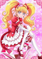 Rule 34 | 1girl, asahina mirai, blonde hair, bow, cure miracle, cure miracle (ruby style), cure miracle ruby style, dress, earrings, full body, gem, hair bow, hanzou, hat, jewelry, long hair, looking at viewer, magical girl, mahou girls precure!, mary janes, mini hat, mini witch hat, pink background, pink hat, precure, puffy sleeves, purple eyes, red bow, red footwear, ruby style, shoes, sitting, skirt, smile, solo, star (symbol), thighhighs, twintails, white thighhighs, witch hat