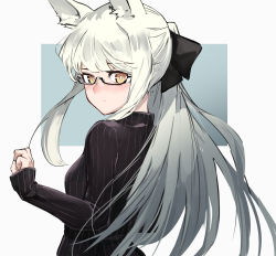 Rule 34 | 1girl, absurdres, alternate costume, animal ear fluff, animal ears, ao oni (onioni-aoi), arknights, bespectacled, black-framed eyewear, black bow, black sweater, blush, bow, bright pupils, closed mouth, from behind, glasses, hair bow, highres, horse ears, long hair, long sleeves, looking at viewer, looking back, platinum (arknights), ponytail, semi-rimless eyewear, sidelocks, silver hair, sleeves past wrists, solo, sweater, two-tone background, under-rim eyewear, upper body, yellow eyes