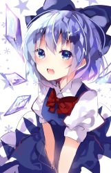 Rule 34 | 1girl, asada sadao, bad id, bad twitter id, blue dress, blue eyes, blue hair, blush, cirno, colorized, dress, fang, hair ribbon, highres, ice, ice wings, looking at viewer, matching hair/eyes, open mouth, puffy sleeves, ribbon, short hair, short sleeves, sketch, smile, solo, star (symbol), touhou, white background, wings