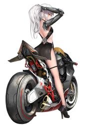 Rule 34 | 1girl, absurdres, ass, backless dress, backless outfit, black footwear, breasts, commentary, cyborg, dress, from behind, high heels, highres, long hair, looking down, mechanical arms, medium breasts, motor vehicle, motorcycle, nihoshi (bipedal s), original, parted lips, ponytail, prosthesis, prosthetic arm, simple background, single mechanical arm, solo, standing, tying hair, vehicle focus, white background, white hair, yellow eyes